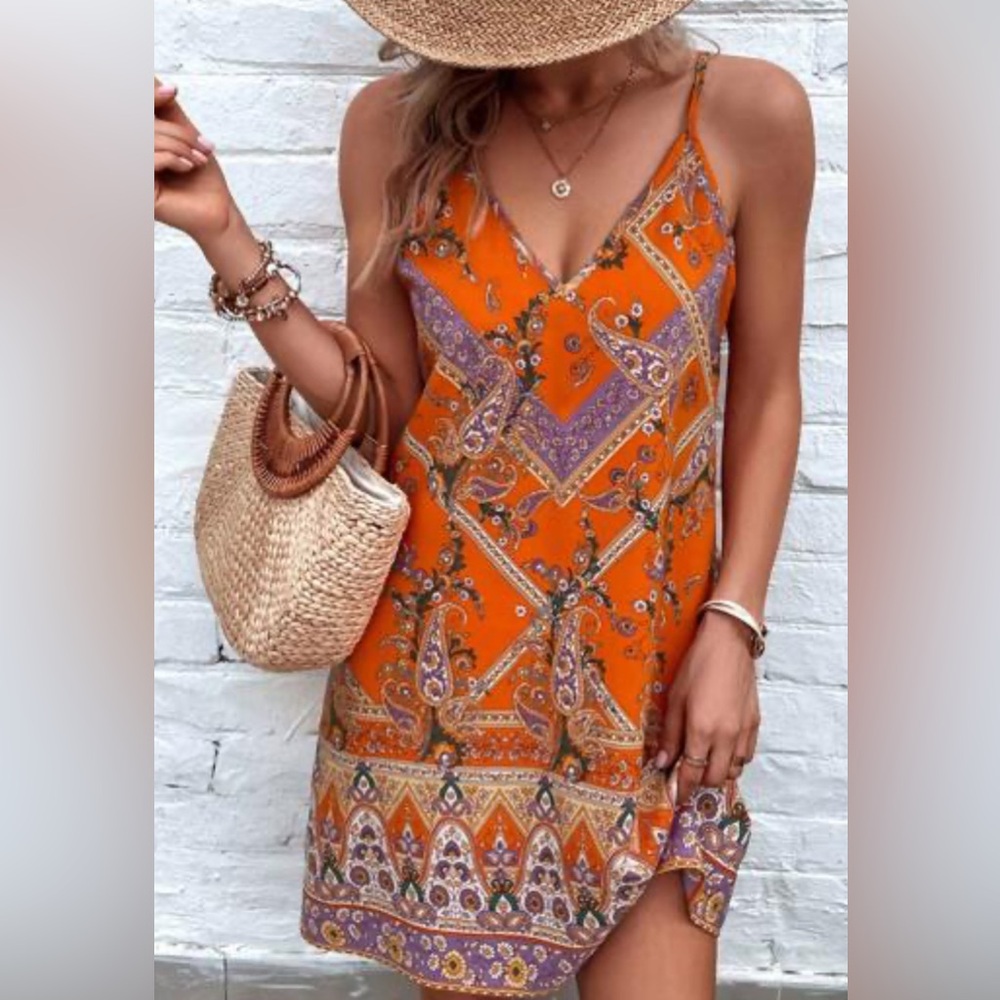 Vibrant Boho Paisley Orange and Purple Sleeves Women Spaghetti Straps Cami Dress